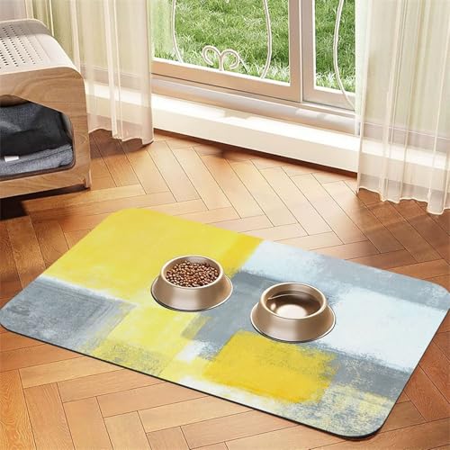 Graue und gelbe abstrakte Kunstmalerei Druck Haustier saugfähige Tischdecke, spezielles Pad für Futternäpfe, rollbar zur Aufbewahrung, ideal für Futternäpfe von Hhwwtye