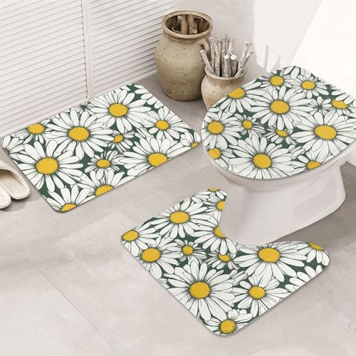 Hhwwtye 3-teiliges Badezimmerteppich-Set mit weißem Gänseblümchen-Aufdruck, rutschfest, rechteckig, U-förmig von Hhwwtye