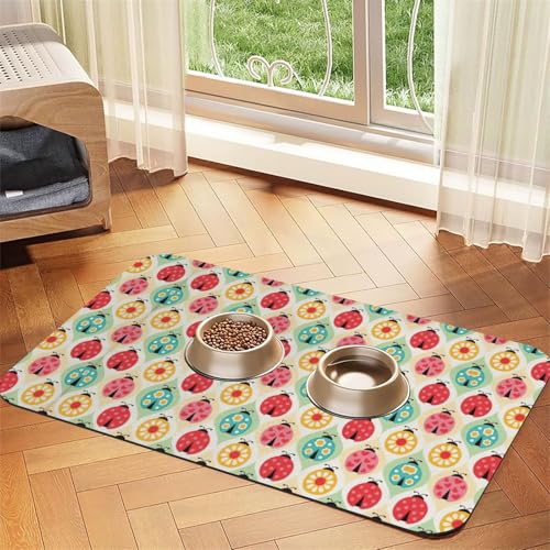 Marienkäfer-Cartoon-Muster, saugfähige Tischdecke, spezielles Pad für Futternäpfe, rollbar zur Aufbewahrung, ideal für Futternäpfe von Hhwwtye