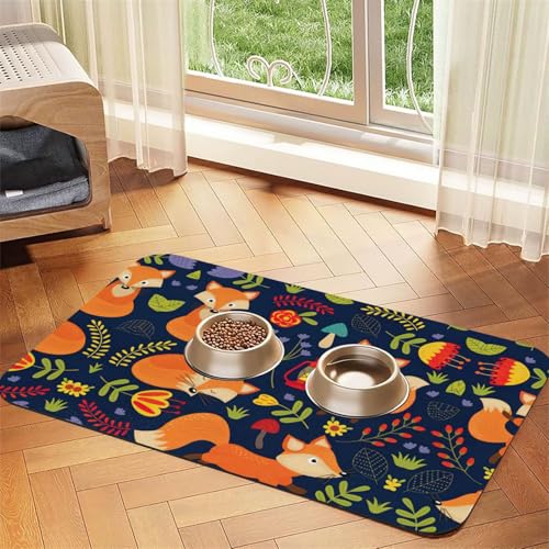 Niedliche Tier-Fuchs-Blumen-Druck-Tischdecke, spezielles Pad für Futternäpfe, rollbar zur Aufbewahrung, ideal für Futternäpfe von Hhwwtye