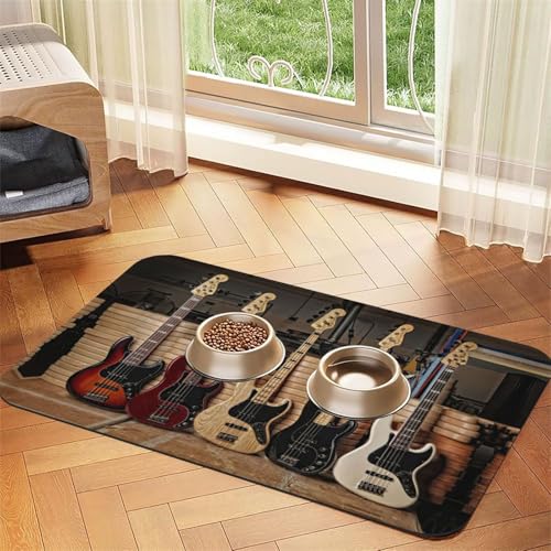 Saugfähige Tischdecke für Haustiere, Motiv: Gitarre, Bass, Musikinstrumente, spezielles Pad für Futternäpfe, rollbar zur Aufbewahrung, ideal für Futternäpfe von Hhwwtye