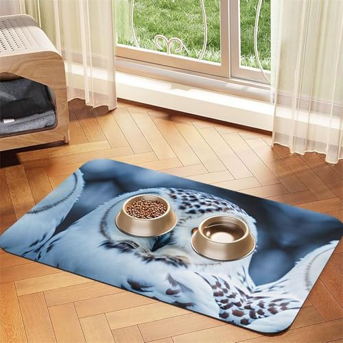 Saugfähige Tischdecke für Haustiere, Motiv: Schnee-Eulen-Augen, spezielles Pad für Futternäpfe, rollbar zur Aufbewahrung, ideal für Futternäpfe von Hhwwtye