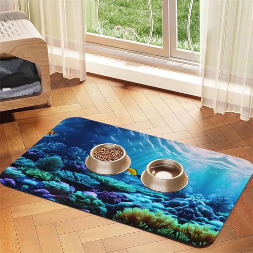 Saugfähige Tischdecke für Haustiere, Unterwasserlandschaft, spezielles Pad für Futternäpfe, rollbar zur Aufbewahrung, ideal für Futternäpfe von Hhwwtye