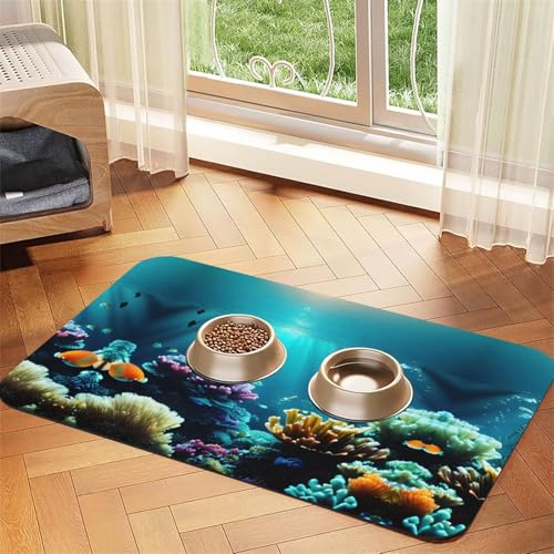 Saugfähige Tischdecke für Haustiere, Unterwasserlandschaft, spezielles Pad für Futternäpfe, rollbar zur Aufbewahrung, ideal für Futternäpfe von Hhwwtye