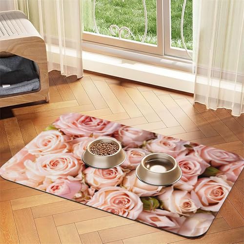 Saugfähige Tischdecke für Haustiere, rosa Rosen, spezielles Pad für Futternäpfe, rollbar zur Aufbewahrung, ideal für Futternäpfe von Hhwwtye