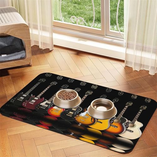 Saugfähige Tischdecke mit E-Gitarren-Druck, spezielles Pad für Futternäpfe, rollbar zur Aufbewahrung, ideal für Futternäpfe von Hhwwtye