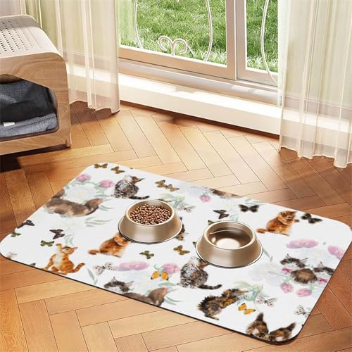 Saugfähige Tischdecke mit Katzen- und Schmetterlingsdruck, spezielles Pad für Futternäpfe, rollbar zur Aufbewahrung, ideal für Futternäpfe von Hhwwtye