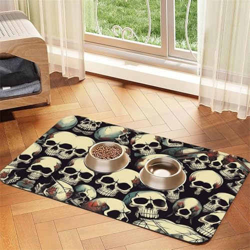 Saugfähige Tischdecke mit Totenkopf-Skelett-Druck, spezielles Pad für Futternäpfe, rollbar zur Aufbewahrung, ideal für Futternäpfe von Hhwwtye