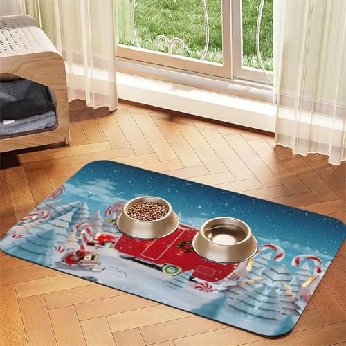 Saugfähige Tischdecke mit weihnachtlichem Camper-Druck, spezielles Pad für Futternäpfe, rollbar zur Aufbewahrung, ideal für Futternäpfe von Hhwwtye