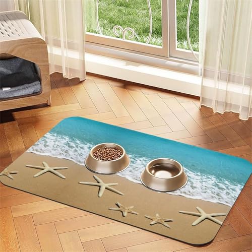 Schöne Seestern am Strand, Sanddruck, saugfähige Tischdecke, spezielles Pad für Futternäpfe, rollbar zur Aufbewahrung, ideal für Futternäpfe von Hhwwtye