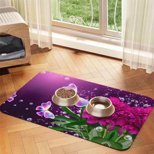 Schöne lila Schmetterling Blumendruck Haustier saugfähige Tischdecke, spezielle Unterlage für Futternäpfe, rollbar zur Aufbewahrung, ideal für Futternäpfe von Hhwwtye