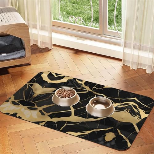 Schwarze Marmor-Textur, Golddruck, saugfähige Tischdecke, spezielles Pad für Futternäpfe, rollbar zur Aufbewahrung, ideal für Futternäpfe von Hhwwtye