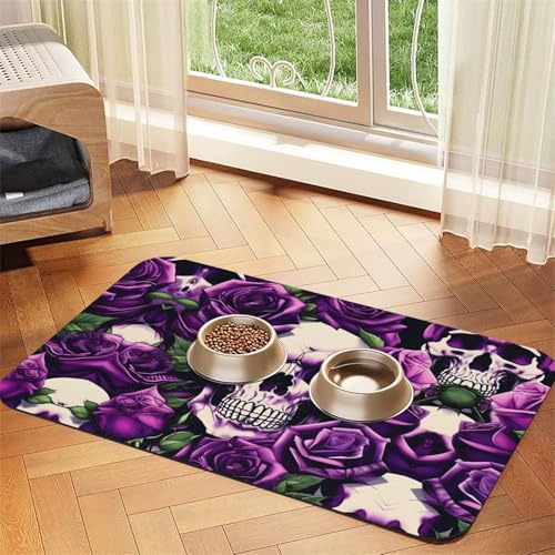 Viele lila Rose Schädel Druck Haustier saugfähige Tischdecke, spezielle Unterlage für Futternäpfe, rollbar zur Aufbewahrung, ideal für Futternäpfe Viele lila Rose Schädel Druck Haustier saugfähige Tischdecke, spezielle Unterlage für Futternäpfe, rollbar zur Aufbewahrung, ideal für Futternäpfe von Hhwwtye