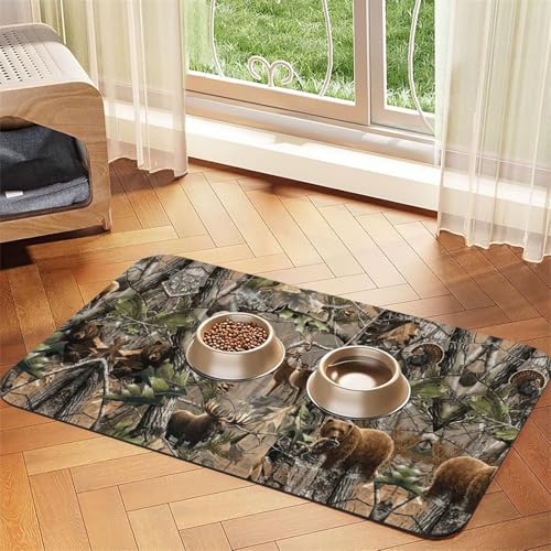 Wildtierjagd Hirsch Bär Elch Druck Haustier saugfähige Tischdecke, spezielles Pad für Futternäpfe, rollbar zur Aufbewahrung, ideal für Futternäpfe von Hhwwtye