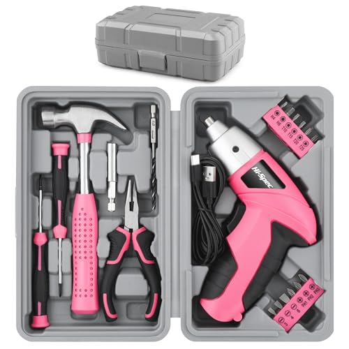 Hi-Spec 19-tlg. Werkzeug-Set mit 3,6V Pinkem Akkuschrauber. Kleiner Werkzeugkasten gefüllt mit Hammer, Zange, Bit Set und USB Elektroschrauber. von Hi-Spec