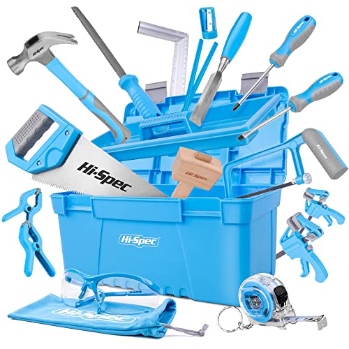 Hi-Spec 25 tlg. Werkzeug-set für Anfänger mit Werkzeugkasten, Holzschnitzwerkzeug, Holzmeißel und Holzhammer, Handsäge, Bügelsäge und mehr für Kinder und junge Tischler von Hi-Spec