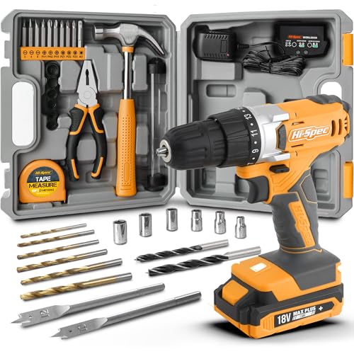 Hi-Spec 30-tlg. DIY Kompakt-Werkzeug-Set mit 18V Akku- & Bohrschrauber, Bohrmaschine, Akkubohrer und Schrauber, Akkuschrauber, Hammer - Alle wichtigen Handwerkzeuge im Set und Zubehör von Hi-Spec