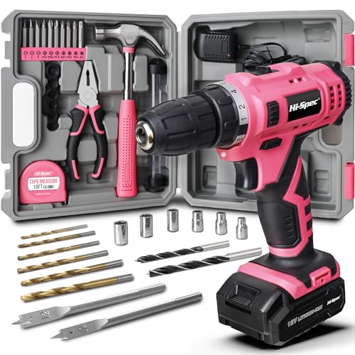 Hi-Spec 30-tlg. Frauen Werkzeugkoffer mit 12V pinkem Akkuschrauber, Hammer und Schraubenziehern – Werkzuegset für Haushalt, Garten & Hobby von Hi-Spec