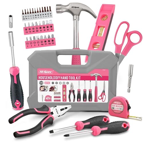 Hi-Spec Heim DIY Werkzeugkoffer für Frauen 42tlg. Kleiner Werkzeugkoffer gefüllt mit Pinken Werkzeugen und 2-in-1-Schraubendreher-Bit-Griff für Reparaturen. von Hi-Spec