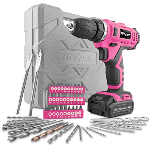 Hi-Spec Akkuschrauber und Bohrmaschinen Set 50tlg. mit 12V Bohrer in Pink Rosa und den gebräuchlisten Holz, Metal und Steinbohraufsätzen in in praktischer Box für die Frau im Haus von Hi-Spec