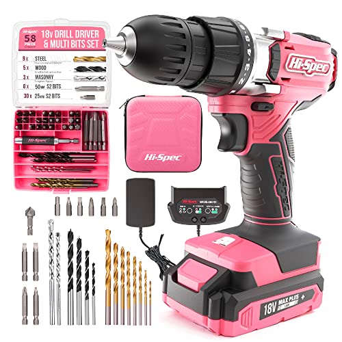 Hi-Spec 58-tlg. 18V-Akkubohrer in Pink Rosa mit S2 Bit Satz. DIY Akkuschrauber, Bohrmaschine für Metall, Trockenbau, Holz und Plastik in Pinkem Etui von Hi-Spec
