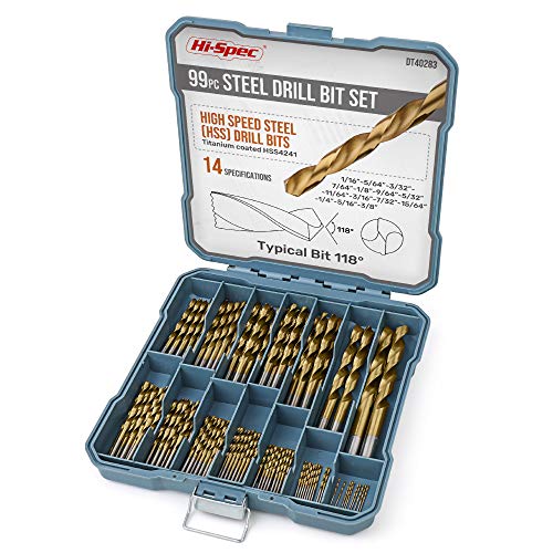Hi-Spec 99 tlg. HSS Spiralbohrer Set in 14 Größen von 1mm bis 10mm für Holz, Metall, Kunststoff in Aufbewahrungskoffer, Bohrerbit Set Zubehör für Bohrschrauber. von Hi-Spec
