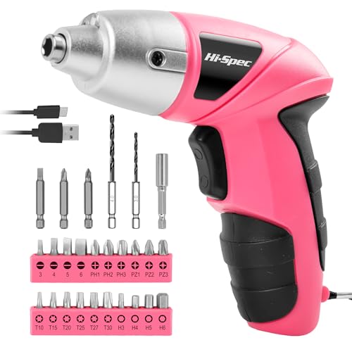 Hi-Spec Kleiner Akkuschrauber in Pink Rosa mit wiederaufladbarem 3.6-V-Akku und LED-Licht. Mit 26-teiligem Zubehör Schraubendreher Bit Set – Mini Akkuschrauber für Frauen von Hi-Spec