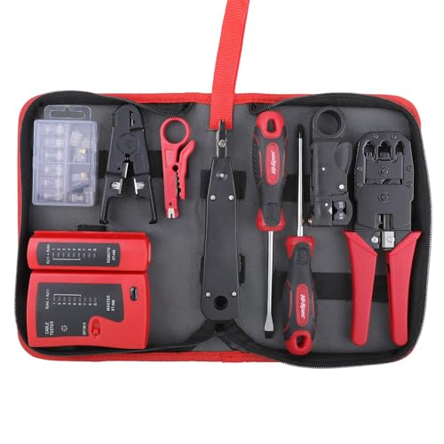 Hi-Spec 8-in-1 Profi Netzwerk-Werkzeugset für CAT5/CAT6/CAT7 mit RJ45 Crimpzange, Kabeltester & Stanzwerkzeug - Komplettset inkl. 12 Steckern (6xRJ45+6xRJ11), Abisolierer für LAN-Installationen von Hi-Spec