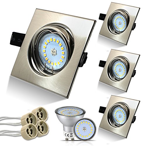 4er Set LED Spots Einbaustrahler 230V GU10 5W Warmweiß 68mm lochmaß Einbauleuchten Eckig Schwenkbar Deckenspots Edelstahl Gebürstet von HiBay