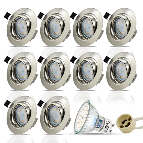 HiBay 10er Set Einbaustrahler 230V LED GU10 Spots Edelstahl gebürstet Einbauspots Schwenkbar Rund einbauleuchten Ø68mm, Inkl.5W Neutralweiß Strahler von HiBay