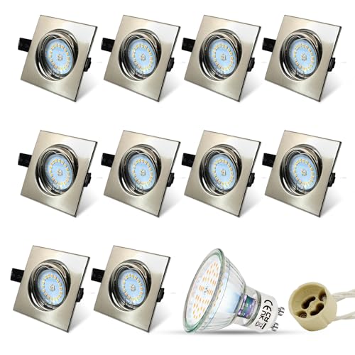 HiBay 10er Set LED Einbaustrahler 230V Spots GU10 Einbauspots 68mm lochmaß Eckig Einbauleuchten Edelstahl Deckenspot Schwenkbar mit 5W Warmweiß Lampen +Fassung von HiBay