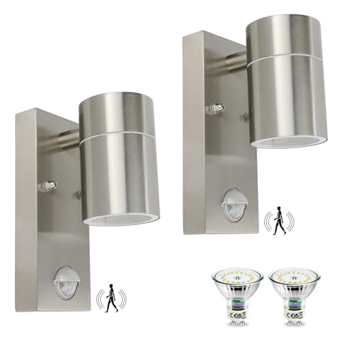 HiBay 2 Stück LED Außenleuchte mit Bewegungsmelder Wandleuchte Edelstahl Aussenlampe GU10 IP44 Wandlampe PIR Sensor inkl. LED Lampe 5W 450LM 3000K Warmweiß von HiBay