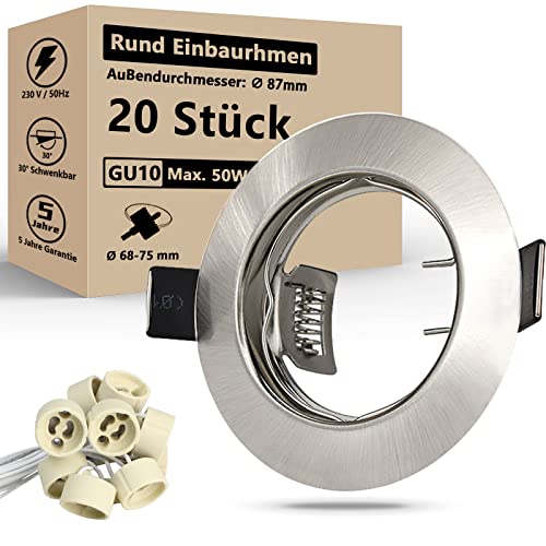 HiBay 20er Set LED Einbaustrahler 230v GU10 Einbaurahmen Rund Gebürstet Edelstahl Einbauspots Inkl. GU10 Fassung für LED oder Halogen Leuchtmittel von HiBay