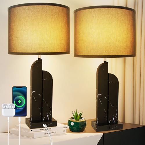 HiBay 2er Set Nachttischlampe Touch Dimmbar Modern LED Tischlampe Schwarz mit 2 USB-Anschlüsse, E27 Tischleuchte Marmorader Inkl. 6W 700lm LED-Birne für Schlafzimmer Wohnzimmer HiBay 2er Set Nachttischlampe Touch Dimmbar Modern LED Tischlampe Schwarz mit 2 USB-Anschlüsse, E27 Tischleuchte Marmorader Inkl. 6W 700lm LED-Birne für Schlafzimmer Wohnzimmer von HiBay