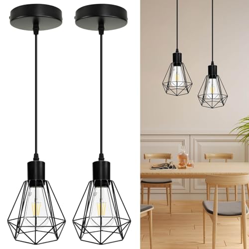 HiBay 2er Set Pendelleuchte Esstisch E27 Lampenschirm Hängelampe 1 Flammig Drahtleuchte Vintage Esstischlampe Eisenkäfig Schwarz für Schlafzimmer Wohnzimmer Max. 60W (Ohne Leuchtmittel) von HiBay