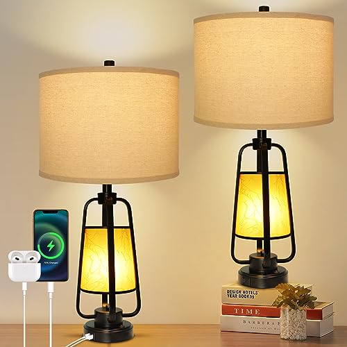 HiBay 2er Set Tischlampe 3 Wege Dimmbar Touch Metalle Lampenfuß, Nachttischlampe mit 2 Lichtquellen(6W & 4W) und 2 USB-Anschlüsse, E27 Tischleuchte Vintage für Schlafzimmer Wohnzimmer von HiBay