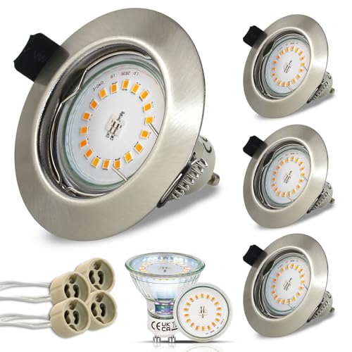 HiBay 4er LED Einbaustrahler Spots 230V Set GU10 Lampen 5W Warmweiß Einbauleuchten Edelstahl gebürstet Einbauspot Rund + Fassung von HiBay