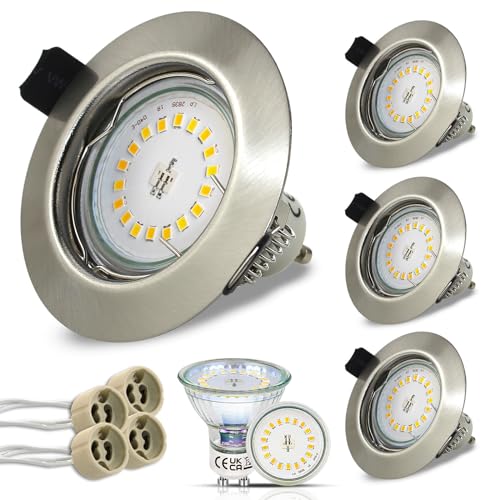 HiBay 4er Set LED Spot Einbaustrahler 230V GU10 5W 68mm Einbauspots Rund Einbauleuchten Edelstahl gebürstet Neutralweiß für Wohnzimmer Schlafzimmer Küche von HiBay