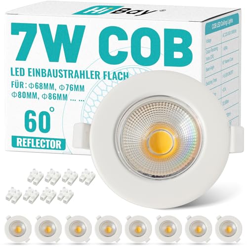HiBay 8er Einbaustrahler LED COB Set 7W LED Spots 230V 65-85mm Lochmaß Rund Weiß Einbauspots 4000K Neutralweiß 600LM für Schlafzimmer Wohnzimmer Garderobe von HiBay