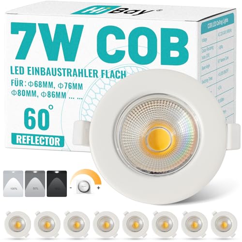 HiBay 8er Einbaustrahler LED Dimmbar COB Set 7W LED Spots 230V 65-85mm Lochmaß Rund Weiß Einbauspots 4000K Neutralweiß 600LM für Schlafzimmer Wohnzimmer Garderobe von HiBay