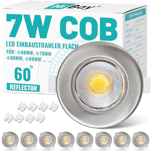 HiBay 8er LED Einbaustrahler Flach 7W Set LED Spots 230V 4000K Neutralweiß Rund Einbauleuchten Gebürstet Edelstahl 65-85mm Lochmaß Deckenspots 600LM für Wohnzimmer Gym von HiBay