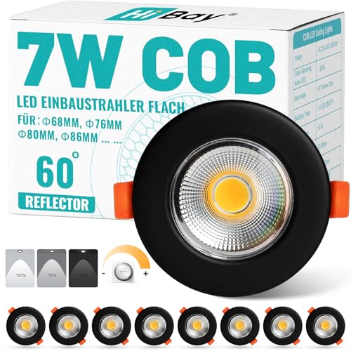 HiBay 8er LED Einbaustrahler Flach COB 7W LED Spots Dimmbar Schwarz Matt Einbauleuchten 65-85mm Lochmaß 4000K Neutralweiß 600LM für Schlafzimmer Wohnzimmer Exhibition Hall von HiBay