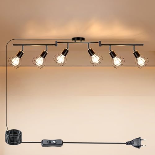 HiBay Deckenstrahler mit Schalter E27 6 Flammig Wandleuchte mit Stecker und Kabel 5M Drehbare 350° Deckenlampe Schwarz Max.60W Ohne Leuchtmittel von HiBay