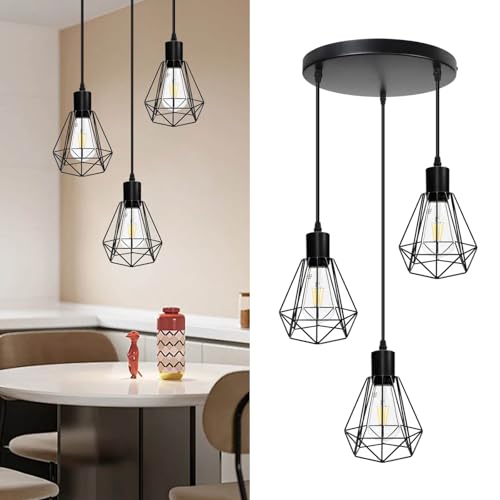 HiBay Hängelampe Esstisch E27 Pendelleuchte Vintage Küchenlampe Hängend 3 Flammig Esszimmerlampe Schwarz Hängeleuchte für Flur Wohnzimmer Schlafzimmer Max. 60W Ohne Leuchtmittel von HiBay