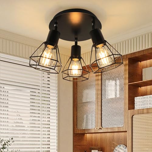 HiBay LED Deckenstrahler 3 Flammig Schwarz E27 Deckenlampe Vintage Schwenkbar Küchenlampe für Wohnzimmer Schlafzimmer, max. 60Watt Ohne Leuchtmittel von HiBay
