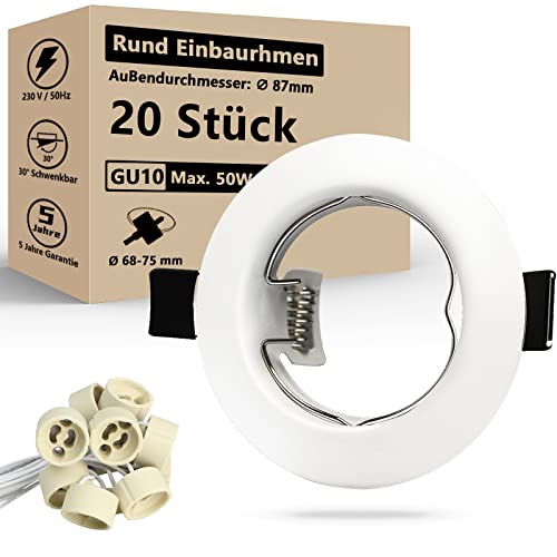 HiBay LED Einbaustrahler 230V Set GU10 Deckenspots Rund Weiß Einbauspot Rahmen 68mm Inkl. GU10 Fassung für LED oder Glühbirne 20er Set von HiBay