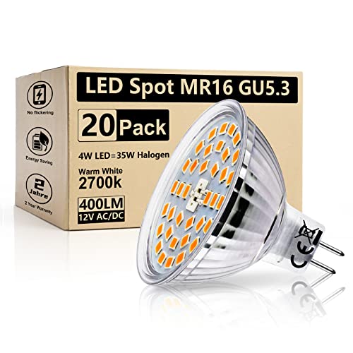 HiBay LED Leuchtmittel GU5.3 Lampe Warmweiß 2700K 4W (ersetzt 35W Halogenlampen) 400lm MR16 LED Birne 12V AC/DC LED Spot 20er Set von HiBay