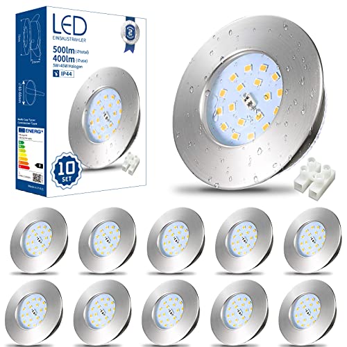 HiBay LED Spot 5W LED Einbaustrahler Flach IP44 Badezimmer Deckenspots Rund Matt Nickel Einbauleuchten 6000K Kaltweiß 500lm 10er Set von HiBay