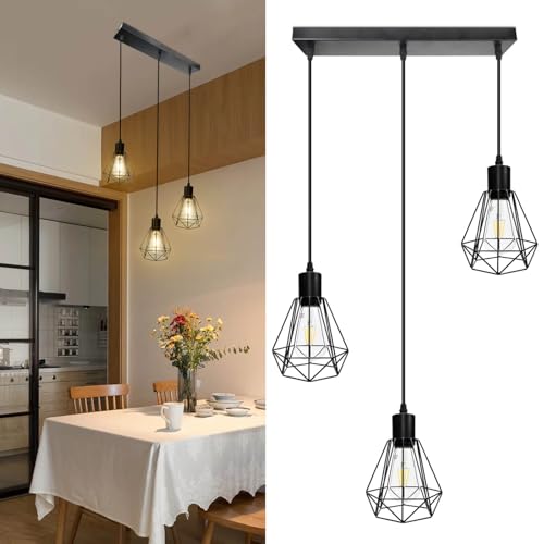 HiBay Pendelleuchte Schwarz E27 Hängelampe Wohnzimmer 3 Flammig Esstischlampe Hängend Vintage Eisenkäfig Lampenschirm Hängeleuchte für Wohnzimmer Schlafzimmer Max. 60W Ohne Leuchtmittel von HiBay