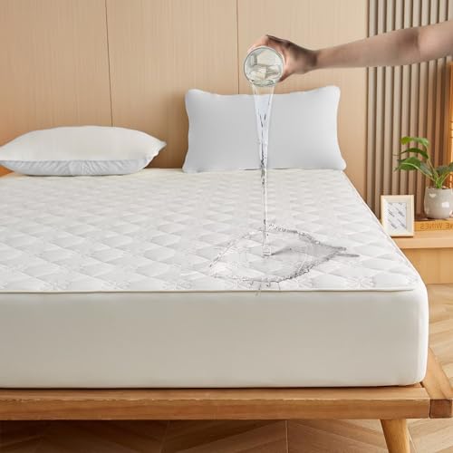 Wasserdichter Matratzenschoner 120x200cm Spannbettlaken,Matratzen Topper, Wasserdichter und Atmungsaktive Matratzenbezug, waschbar,Beige-Weiß von HiBeauty PRO